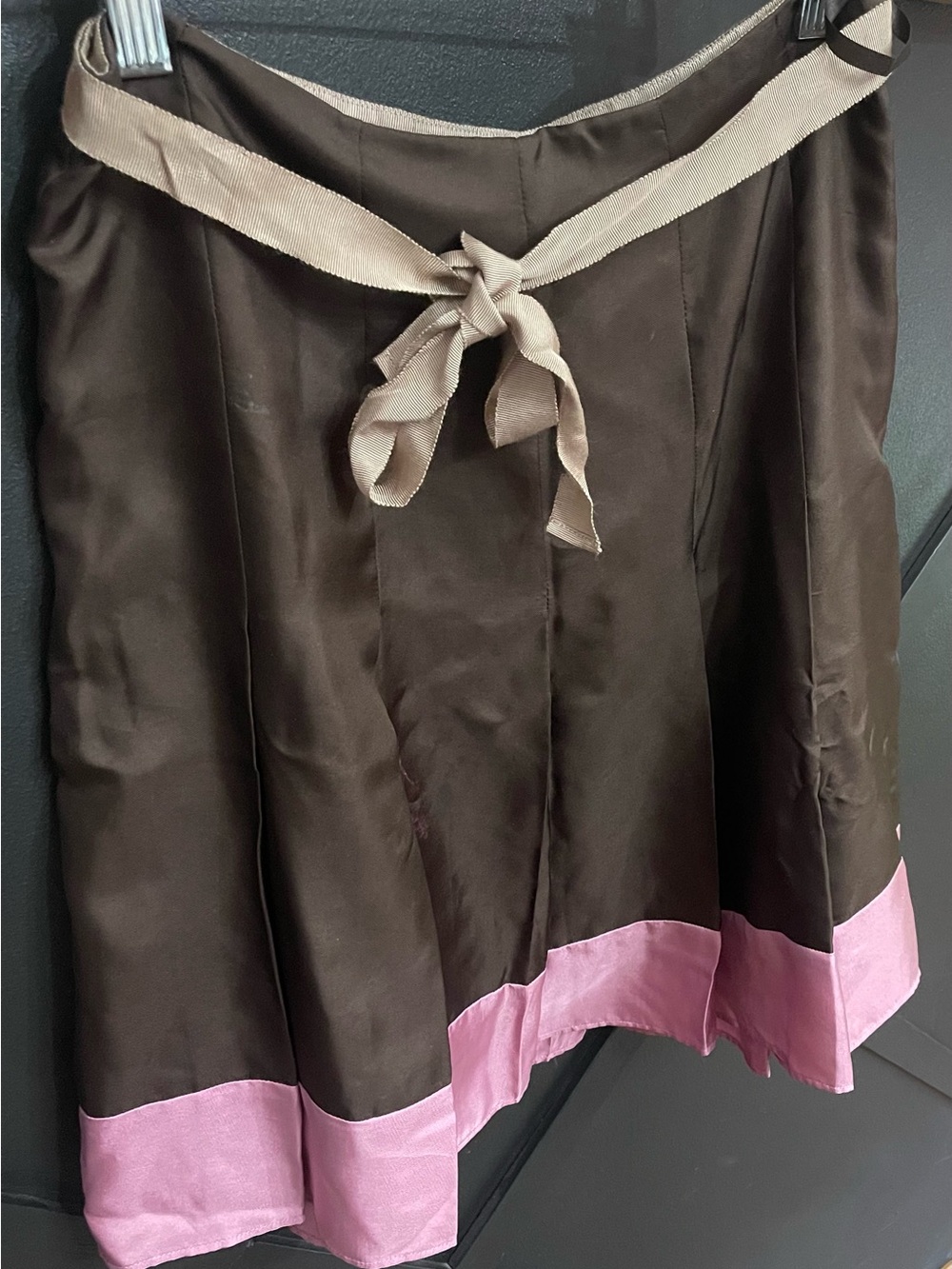 GAP Brown Midi Silk Skirt with Pink Hem and Beige Waist Tie